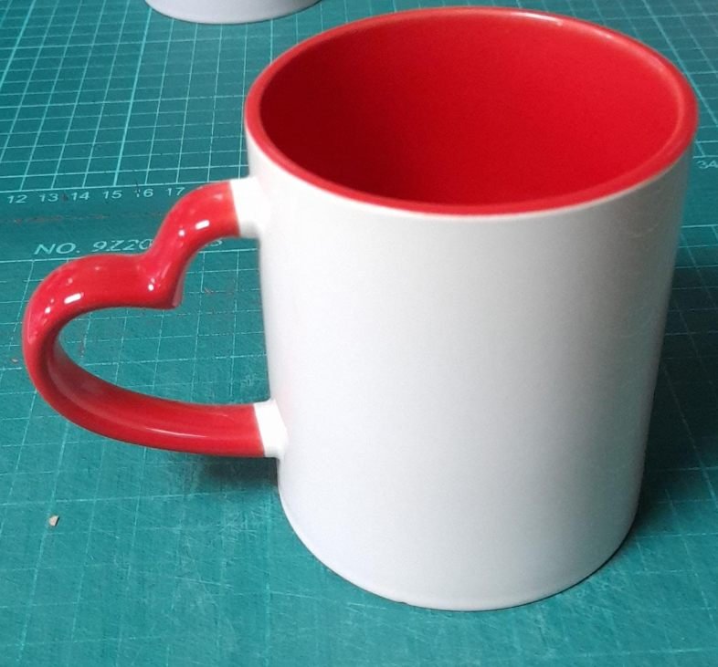 Red White Heart Handle Mug With Your Greetings Design
